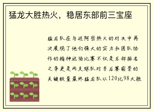 猛龙大胜热火，稳居东部前三宝座