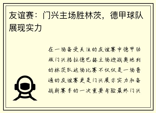 友谊赛：门兴主场胜林茨，德甲球队展现实力